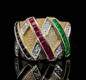 Natural Emerald, Blue Sapphire & Ruby Criss Cross Basketweave Dome Ring in 14k Yellow Gold $2,550 Retail VIDEO