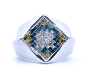 Mens Designer JOE RODEO Fancy Color & White Diamond Concave Square Top Ring in 14k White Gold $6,250 VIDEO