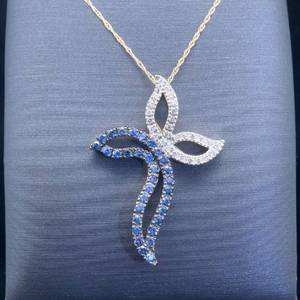 Blue Sapphires & Diamond Contemporary Open Ribbon Cross Pendant Necklace in 14k Yellow Gold $2,400 Retail VIDEO