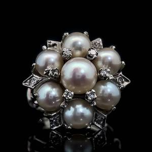 High Luster Beautiful Pearl Cluster & Diamond Split Shoulder Shank Ring in 14k White Gold - Tranquil Sea Inspiration $2,850 Retail VIDEO