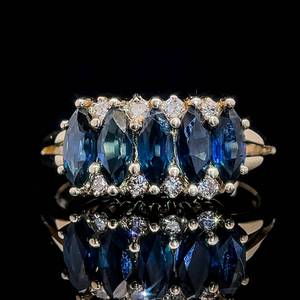 Marquise Blue Sapphire & Diamond Anniversary Style Split Shoulder Shank Ring in 14k Yellow Gold $1,800 Retail VIDEO