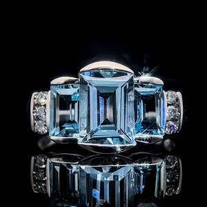 Emerald Cut Blue Topaz Three-Stone & Diamond Channel Bar Tiered Ring in 14k White Gold $1,950 Retail VIDEO