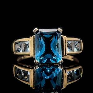 Emerald Cut Blue Topaz & White Topaz Channel Cathedral Ring in 14k Yellow Gold $1,200 Retail VIDEO www.KaratsAuctions.com