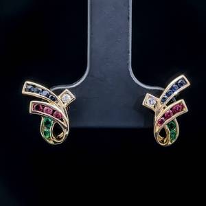 Multi-Gemstone Ruby, Sapphire & Ruby Ribbon Diamond Earrings in 18k Yellow Gold $1,200 Retail