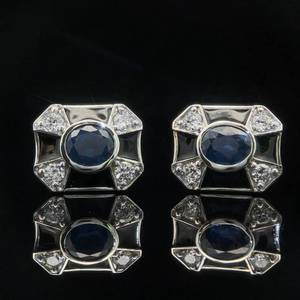 Oval Blue Sapphire & Diamond Blue Enamel  Rectangular Vintage-Style Stud Earrings in 18k White Gold $3,350 Retail VIDEO