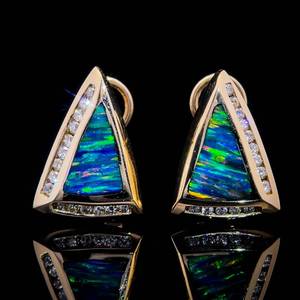 Retro-Modern Rainbow Opal Inlay & Diamond Triangle Stud Earrings in 14k Yellow Gold - Fine Quality & Design $2,760
