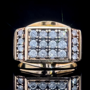Gents 1 Carat Diamond Multi-Row Rectangular Square Top Beveled Signet Ring in 14k Yellow Gold $3295