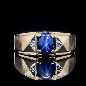 Gents Lab Created Blue Star Sapphire & Diamond Beveled Ring in Yellow Gold