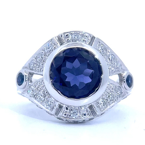 Round Blue Sapphire & Blue Iollite Three-Stone & Diamond Pave Ring in 14k White Gold $3,900 Retail VIDEO