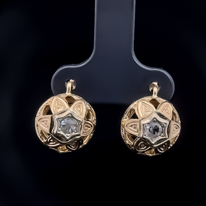 Vintage Old European Cut Diamond 3D Sundial Shield Earrings in 18k Yellow Gold w Lever Backs $1,500 Retail
