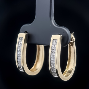 Double Row Channel Set Princess Diamond Oblong Oval Hoop Earrings in Yellow Gold VIDEO