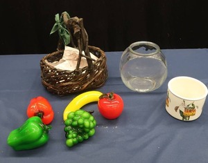 lot 41 image: WICKER FRUIT BASKET WITH GLASS FRUITS AND MORE
