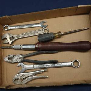 lot 74 image: ADJUSTABLE WRENCH, PLIERS, RATCHET SCREW DRIVER