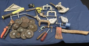 lot 84 image: CLAMPS, HATCHET, SPEED SQUARES, HAND STAPLER, AND MORE