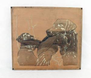 lot 49 image: Vintage Stanford Fenelle Wood Carved Formcraft Vacuum Form Print Mold of 2 Black Labs Titled Hows This