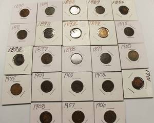 lot 25 image: 23 Indian Head Pennies, 1886 - 1908, In Complete Order