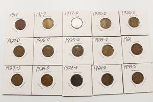 lot 52 image: 15 Semi Key Date Wheat Back Pennies 1914 - 1929