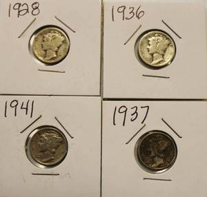 lot 57 image: 4 Mercury Head Silver Dimes 1928, 1936, 1937 & 1941