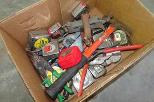 Box of Assorted Hand Tools - Tape Measures, Hammer, Pliers