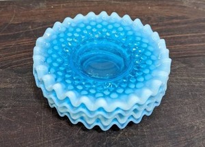 Group of Four Blue Hobnail Opalescent Saucers