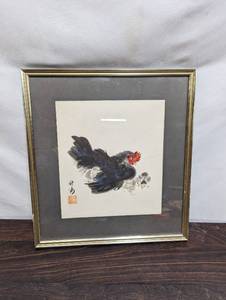 Vintage Original Chinese Traditional Watercolor Rooster, Hen, & Chicks