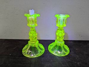 Pair Of Uranium Glass Candelabras