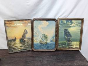 Three Pieces Of Framed Ship Artwork