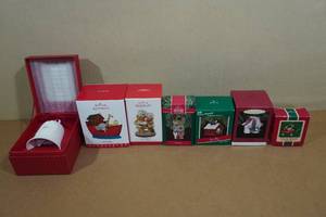 6 Hallmark Keepsake Christmas Ornaments and Porcelain Bell -All Dated