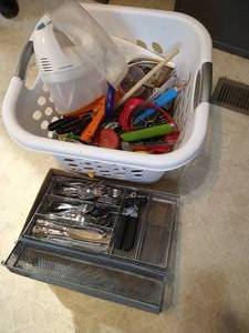 lot 31 image: Kitchen Utensils, Mixers, Cooking Utensils, Laundry Basket, Measuring Cups, & Flatware
