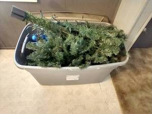 lot 43 image: Tote With Skinny Christmas Tree, Ornaments, Lights, & Star