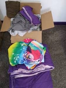 lot 53 image: Comforter, Sheets, & Mattress Cover - Gray and Purple Sets