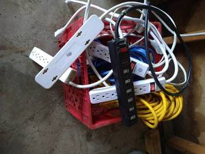 lot 64 image: Crate Of Power Strips & Long, Heavy-Duty Extension Cords