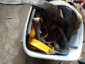 lot 127 image: Tote Of Heavy Duty Tie-Down Straps And Tow Strap
