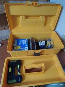 lot 5 image: Plastic Tool Box With Hardware, Bits, Tapcon Screws, Etc.