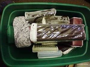 lot 33 image: Bin Of New King Size Sheets, Pillow Cases, & Shower Curtains