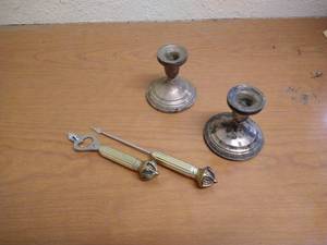 lot 153 image: Silver Plated Candlesticks & Misc. Bottle Opener Set