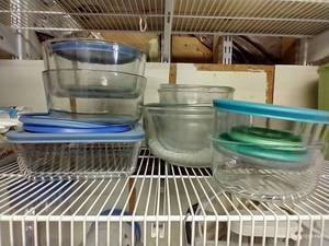 lot 221 image: (11) Glass Food Storage Containers & Lids - Anchor & Pyrex