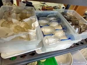 lot 243 image: (3) Totes Of Glasses - Cobalt & Clear Stemware, Brown Shot Glasses, OLearys Shot Glasses, And Custard Cups