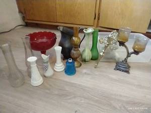 lot 245 image: Vases, Metal Pitcher, Mid-Century Candle Holder, And Tiny Hurricane Lamp
