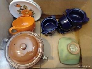lot 246 image: Pottery Lot With Frankoma Bowl, Custard Cups, Bowls, Plates, And Soup Mugs
