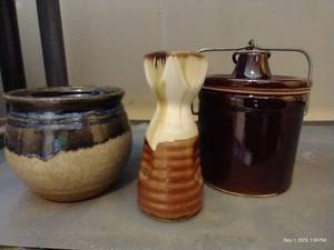 lot 247 image: (3) Pieces Of Pottery With R. Zacher Zenith Pot, Oil Carafe, And Small Pot With Lid
