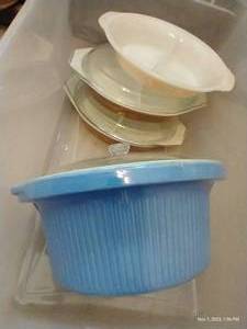 lot 250 image: Vintage Lot - Pyrex Divided Dishes With Glass Lids, Fire King Dish, And Crock With Lid