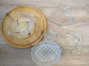 lot 256 image: Wooden Lazy Susan, (4) Large Glass Trays, And Glass Apple Bowl