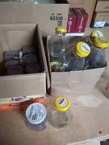 lot 297 image: (2) Boxes Vintage Glass & Plastic Jars With Lids