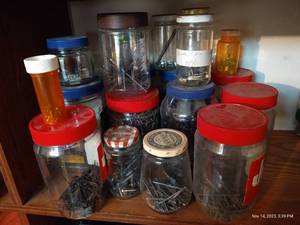 lot 374 image: Jars Of Misc. Hardware, Nails, Screws, Etc.