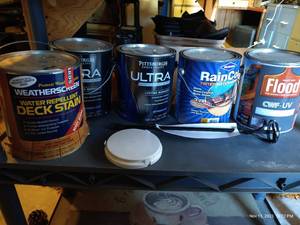 lot 443 image: Shelf Of Deck Stains, Exterior Paints, And Power Mixer Attachment
