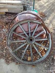 lot 503 image: (1) Original, Wooden Wagon Wheel And (2) Wagon Wheel Rims