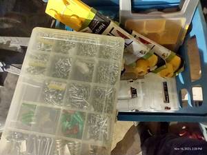 lot 562 image: Tote Of Empty Organizers, Misc. Hardware, And Tools