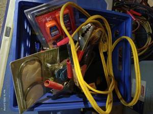 lot 578 image: Box With Jumper Cables, Mini Pry Bar, Micro Torch, And Other Misc. Tools