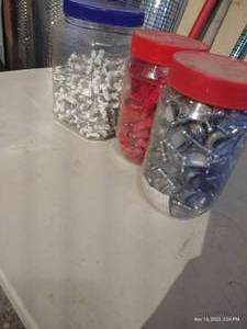 lot 600 image: (3) Jars Of Misc. Electrical - Wire Clamps, Wire Staples, And Wire Nuts